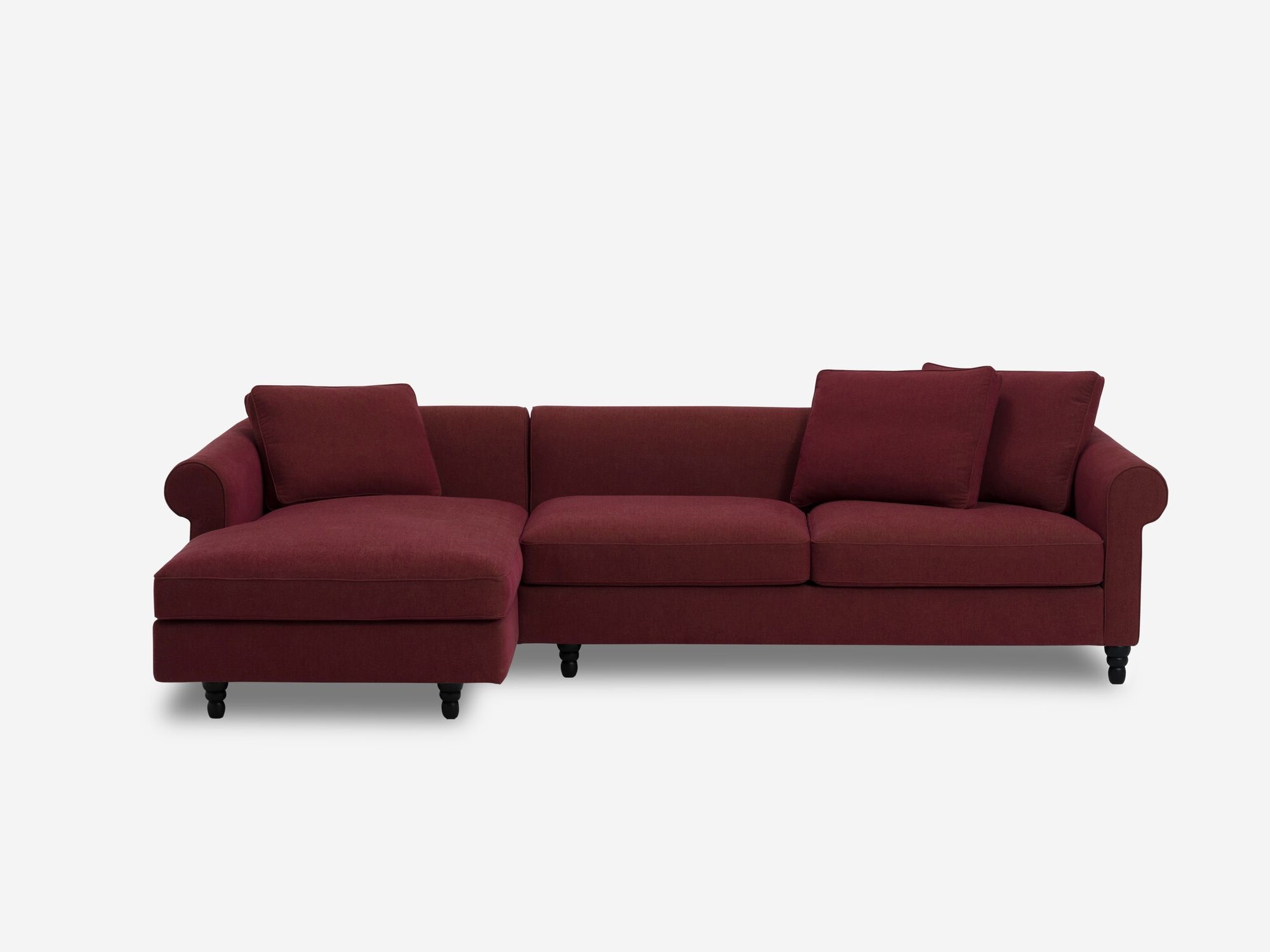 Deep red modern left hand facing sectional sofa front view